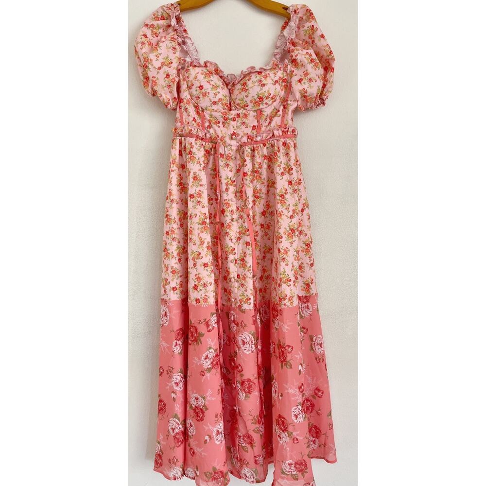 Cherley Dress XS Floral Pink Orange Puff Sleeve Cinch Waist Romantic NWT